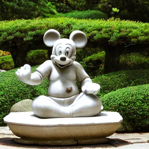 Image similar to marble statue of mickey mouse meditating in a rococo japanese garden