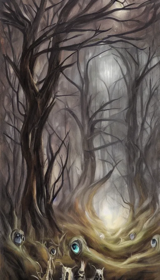 Image similar to a storm vortex made of many demonic eyes and teeth over a forest, by emilia wilk