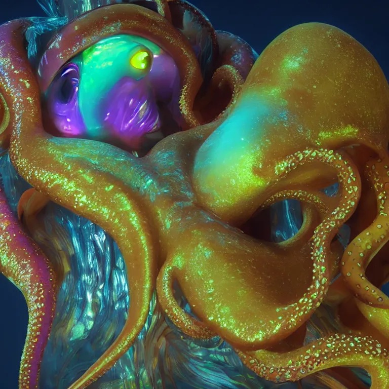 Image similar to octane render portrait by wayne barlow and carlo crivelli and glenn fabry, a shiny glowing colorful deep ocean mariana trench fish squid octopus jellyfish creature made out inflated clear iridescent plastic and bioluminescence, cinema 4 d, ray traced lighting, very short depth of field, bokeh