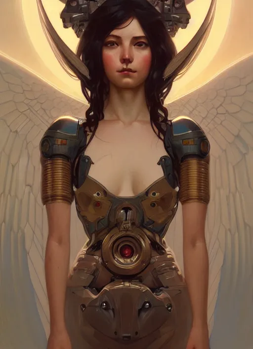 Prompt: portrait of mechanical angel, beautiful girl, intrigante, headshot, highly detailed, digital painting, artstation, concept art, sharp focus, cinematic lighting, illustration, art by artgerm and greg rutkowski, alphonse mucha, cgsociety