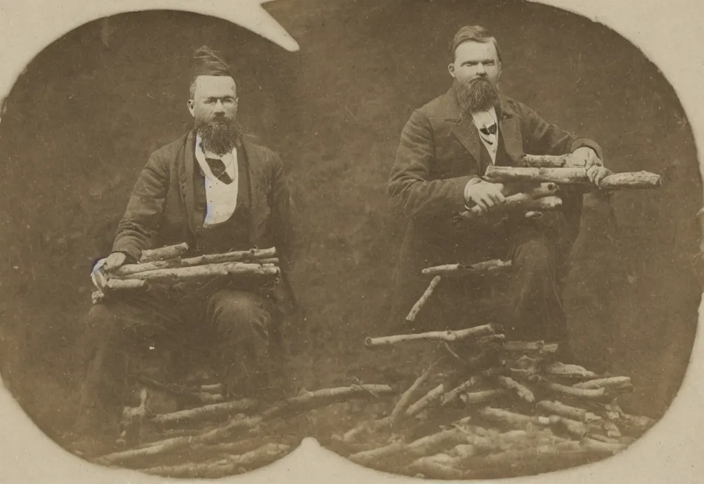 Image similar to late 1 8 0 0 s daugerrotype photograph portrait of a rugged man building a log cabin