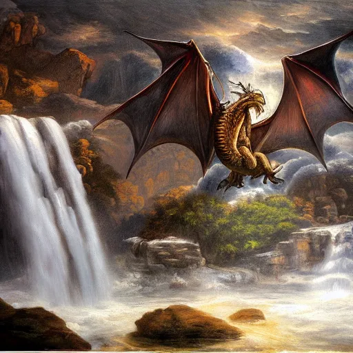 Image similar to oil painting of a dragon flying in the air near a cave with a waterfall in the center, light emanating from the waterfall leading to a big pool of water, dragon has black and white siberian tiger stripes, elegant, sharp focus, wide shot, clear, detailed, early renaissance