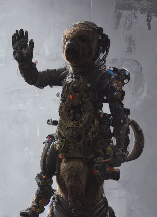 Prompt: detailed full body concept art illustration oil painting of an anthropomorphic capybara death stranding in full intricate clothing, biomutant, dystopian, ultra detailed, digital art, octane render