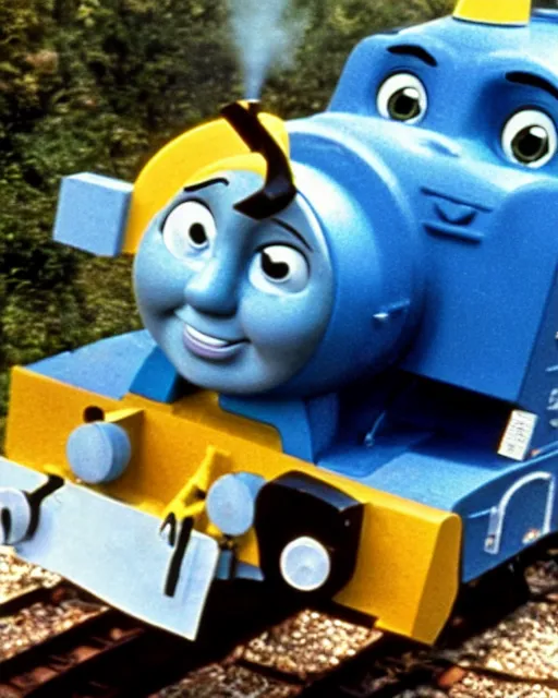 Prompt: Film still close-up shot of Dwayne Johnson as the Thomas the Tank Engine from the movie Thomas and the Magic Railroad. Photographic, photography