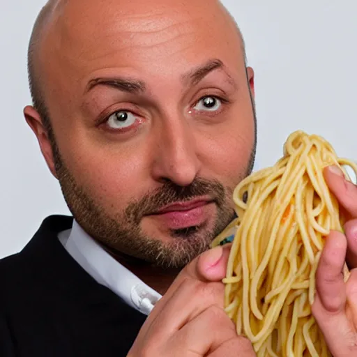 Prompt: joe bastianich eating spaghetti from his nose