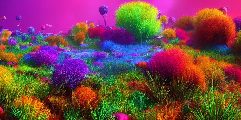 Prompt: color aberration meadows with various types of plants made out of alien materials, abstract, high saturation, colorful, psychedelic, 4k, octane render, trending on artstation