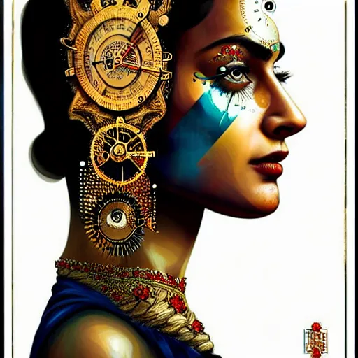 Image similar to portrait of pakistani woman :: side profile :: in ocean :: clockwork details :: gold :: blood and horror :: by vikings and Sandra Chevrier