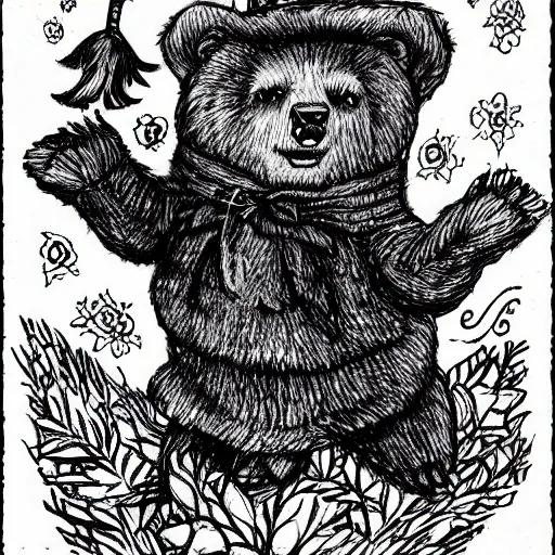 Prompt: Witch bear. Old Russian fairytale illustration.