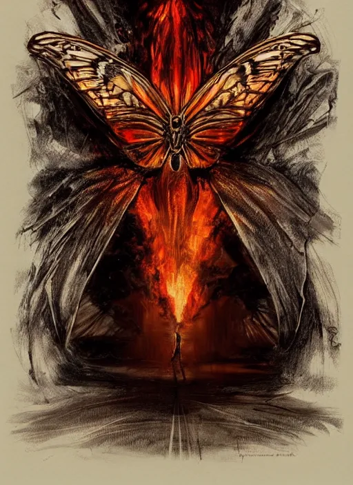 Prompt: a butterfly made of fire, dark colors, calming atmosphere, dramatic lighting, cinematic, establishing shot, extremely high detail, photo realistic, cinematic lighting, pen and ink, intricate line drawings, by Yoshitaka Amano, Ruan Jia, Kentaro Miura, Artgerm, post processed, concept art, artstation, matte painting, style by eddie mendoza, raphael lacoste, alex ross