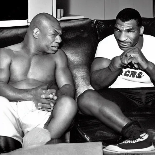 Image similar to a photo of a young mike tyson and Cus D’Amato talking on a couch, grey scale.