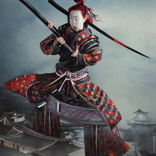 Image similar to a samurai woman on top of a building in japan in broad daylight and her sword smeared with blood, her face fixed and frightening, ultra detailed painting, dynamic light, expressions, cinematic