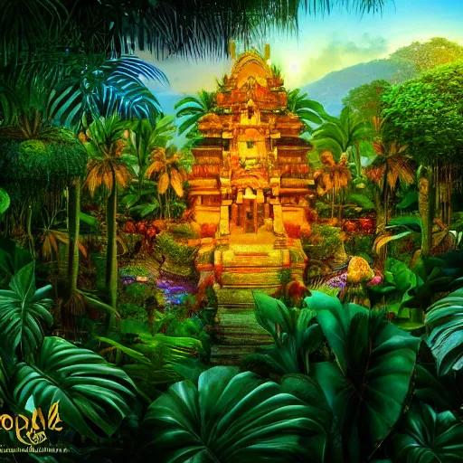 Image similar to a jungle temple surrounded by giant beautiful tropical flowers, photography, golden hour, bokeh, gamma, 8 k, full - hd, volumetric light, artstation, by bob byerley