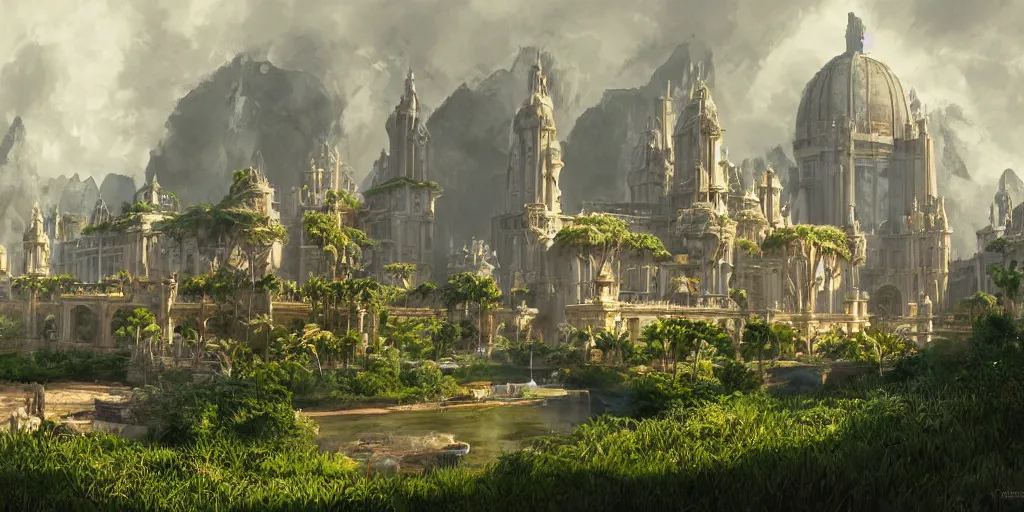 Image similar to an environmental concept art of theed on naboo, highly detailed, environmental light, cinematic by francis tneh