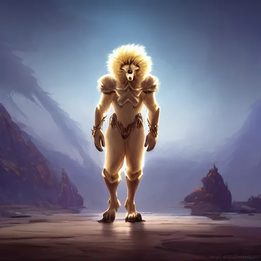 Image similar to commission of an anthro albino lion wearing golden victorian armor, game design fanart by concept artist gervasio canda, behance hd by jesper ejsing, by rhads, makoto shinkai and lois van baarle, ilya kuvshinov, rossdraws global illumination radiating a glowing aura global illumination ray tracing hdr render in unreal engine 5, dramatic