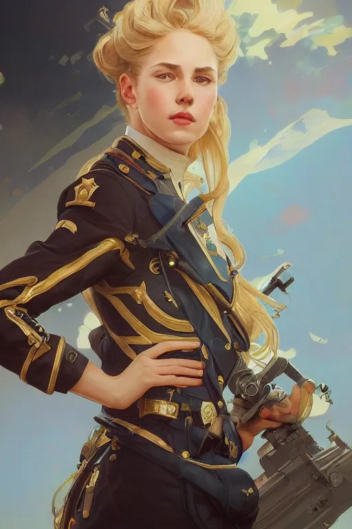 Image similar to beautiful portrait of a female officer wearing a fancy naval uniform, art by artgerm, wlop, greg rutkowski, alphonse mucha, science fiction, intricate detail, blonde hair, space background, trending on artstation, sharp focus, illustration, caustics, octane render, radiant light, 4 k