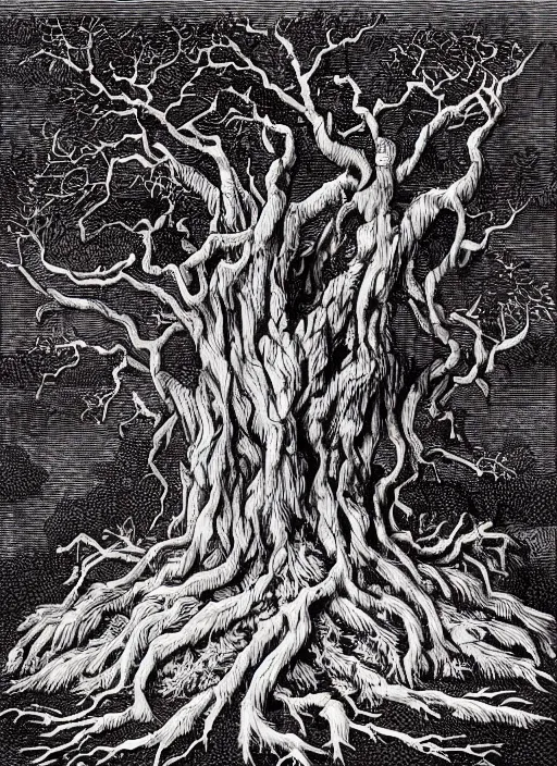 Image similar to gnarled ancient oak tree of life with roots wrapped in an open book, art by james o barr and albrecht durer, woodblock print, engraved, black and white, vector, vector art