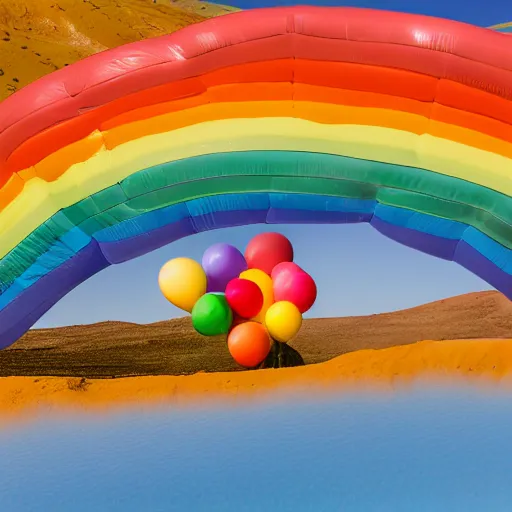 Prompt: floating rainbow colored party balloons in the desert, photography, high resolution 8 k, 3 5 mm lens,