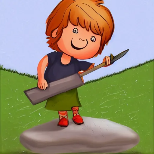 Prompt: A small kid standing on a stone and waving a wooden sword, digital art, illustration