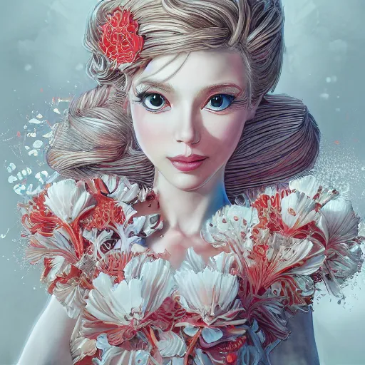 Image similar to the portrait of an absurdly beautiful, graceful, elegant, sophisticated, fashionable princess peach made of red and white spotted mushrooms and white petals, an ultrafine hyperdetailed illustration by kim jung gi, irakli nadar, intricate linework, bright colors, octopath traveler, final fantasy, unreal engine 5 highly rendered, global illumination, radiant light,