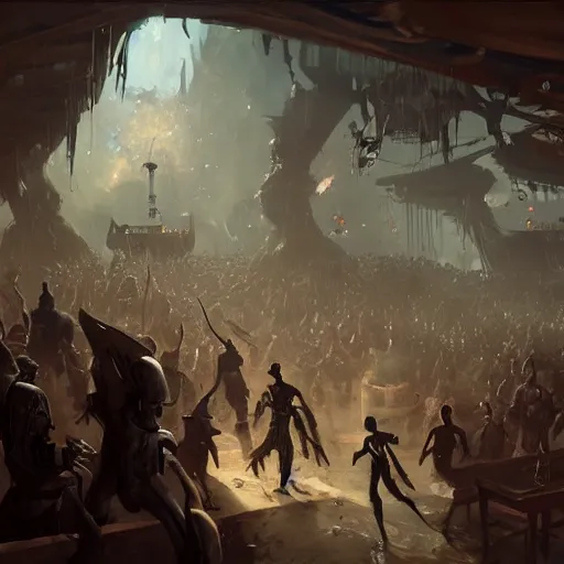 Prompt: An insectoid alien walks into a crowded, rowdy pirate tavern, fantasy art by Greg Rutkowski