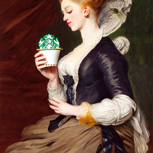 Image similar to eavenly summer sharp land sphere scallop well dressed lady holding a starbucks coffee, auslese, by peter paul rubens and eugene delacroix and karol bak, hyperrealism, digital illustration, fauvist, starbucks coffee, green coffee logo