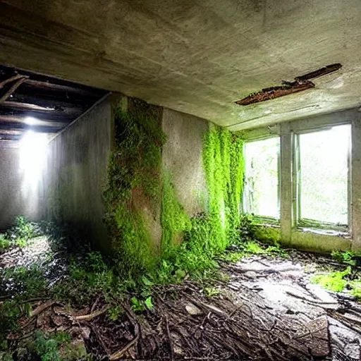 Image similar to abandoned, overgrown, underground bunker, waterfall room