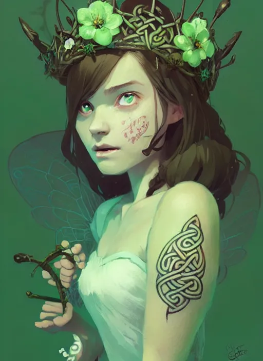 Image similar to portrait of cute fairy girl with crown of flowers covered with celtic rune tattoos, fantasy, by atey ghailan, by greg rutkowski, by greg tocchini, by james gilleard, by joe gb fenton, by kaethe butcher, dynamic lighting, gradient light green, brown, blonde cream and white color in scheme, grunge aesthetic