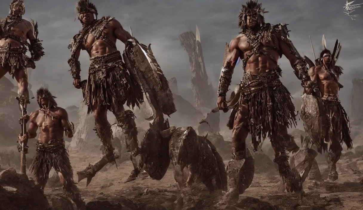 Image similar to two ancient tribesman with futuristic weapons standing in front of barbarian horde, handsome symmetrical faces, muscular bodies, dramatic lighting, cinematic, establishing shot, extremely high detail, photorealistic, 300 the movie,monster hunter the movie, monster hunter, cinematic lighting, artstation, octane render, western,old photo, vintage