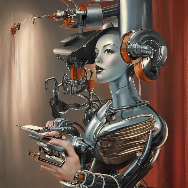 Image similar to robot artist painting a self - portrait on a canvas. intricate, highly detailed, digital matte painting in the style of gil elvgren and in the style of h. r. giger and in the style of anna dittmann. irony, recursion, inspiration.