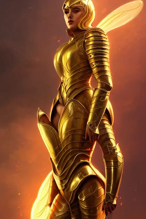 Image similar to professional digital art of a hyper realistic and highly detailed woman beautiful golden armor. accurate rending of one woman in armor. greg rutkowski, zabrocki, karlkka, jayison devadas, intricate, trending on artstation, 8 k, unreal engine 5, pincushion lens effect