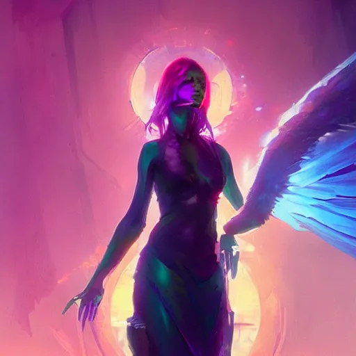 Image similar to portrait of a beautiful dark seraphim female futuristic angel, volume lighting, concept art, by greg rutkowski!!, colorful, xray melting colors!!