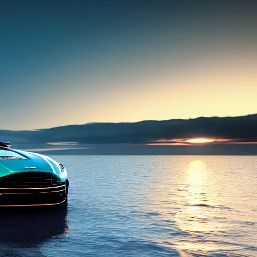 Prompt: the sea reflecting on an Aston Martin, 8k resolution, hyper detailed, ray tracing, sunset
