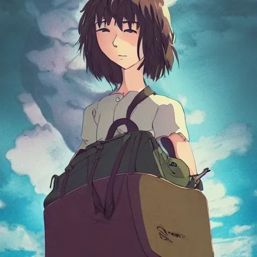 Prompt: friendly guy and creature in the bag , with Fragile looking character portrait face made by Studio Ghibli highly detailed art, beautiful scene, sharp focus, smooth, 8k, anime art, wild, dark, fantasy, peaceful, colorful