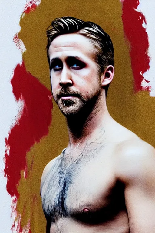 Image similar to painted portrait of ryan gosling as rugged zeus god of thunder greek god white hair masculine handsome upper body red and gold broad shoulders