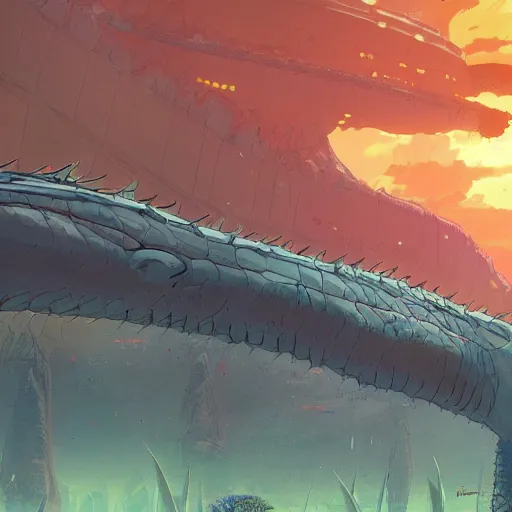 Image similar to concept art painting of an alien world full of alien dinosaurs, detailed, cel shaded, in the style of makoto shinkai and moebius and james gurney