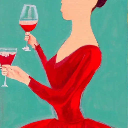 Image similar to painting of a ballerina drinking wine in a teal room, red background