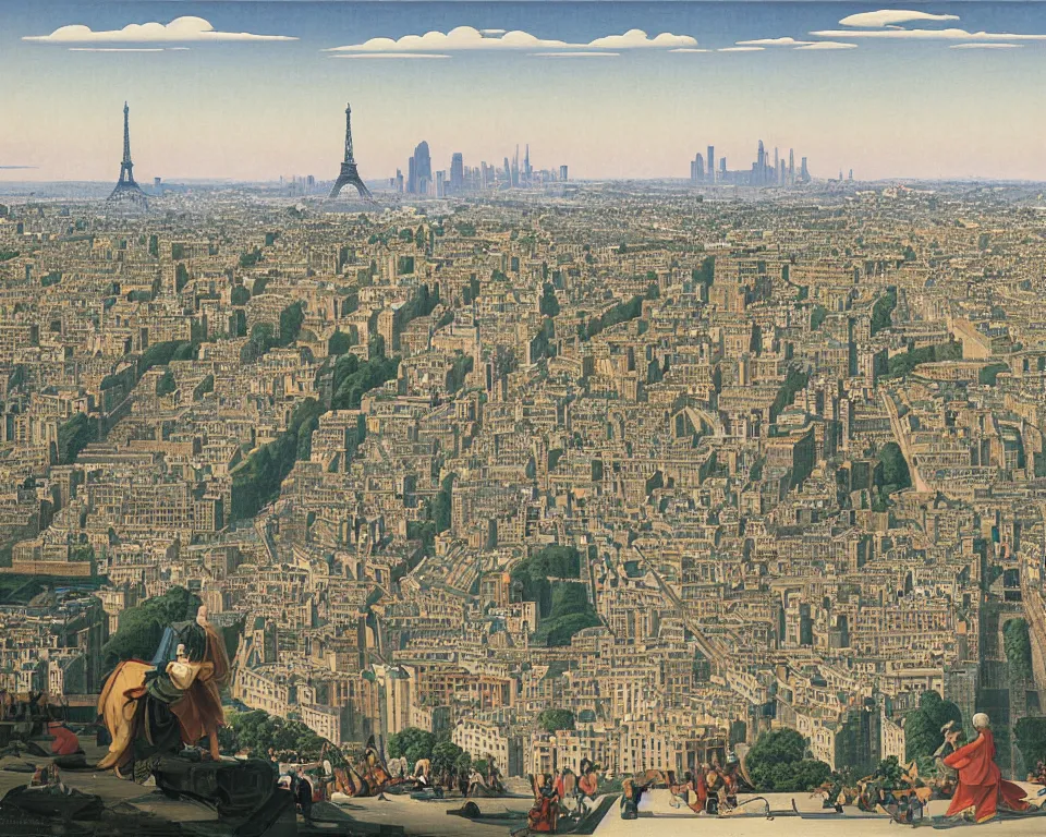 Image similar to a skyline featuring the Eiffel Tower, Colosseum, Empire State Building, and other famous landmarks by Hasui Kawase, Raphael, and Bernini.