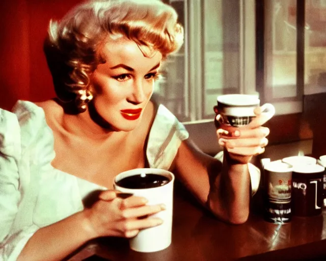 Image similar to A close-up, color cinema film still of a marlin monroe drinking coffee at a starbucks, ambient lighting at night.