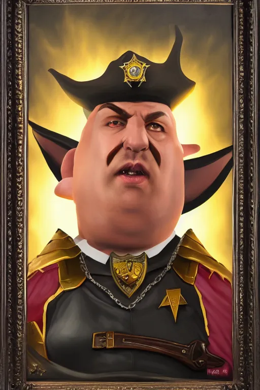 Image similar to high elf mall cop with a sheriff's badge that is fat, shifty, and incompetent, RPG portrait from the chest up, Oil Painting, dramatic lighting, renaissance