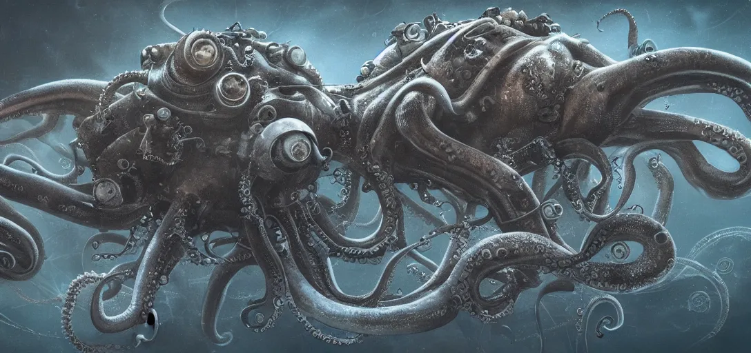 Image similar to muant, biopunk, octopus, squid, marine, hp lovecraft style, scuba diving, dark atmosphere, anglerfish, u - boat mechanism, deep ocean crature, great old ones, detailed, 4 k, artstation