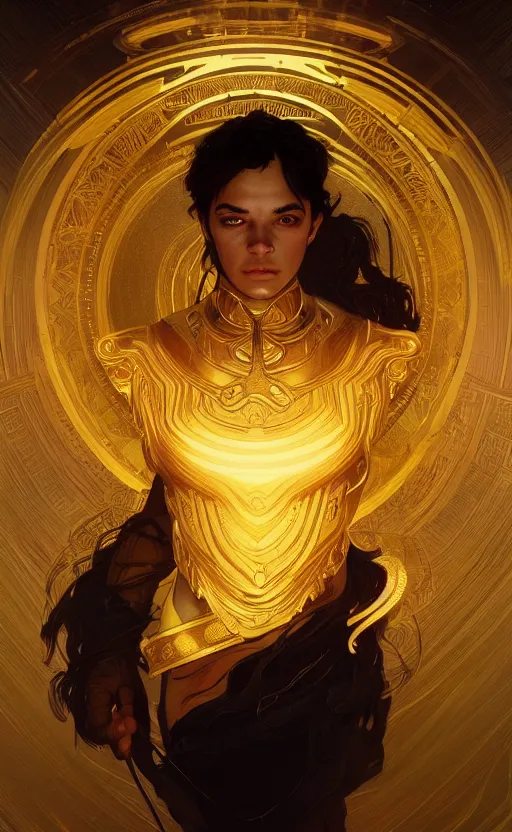 Image similar to portrait of a young handsome dark god, gold wires, three quarter view, intricate, headshot, highly detailed, digital painting, artstation, concept art, sharp focus, cinematic lighting, illustration, art by artgerm and greg rutkowski, alphonse mucha, cgsociety