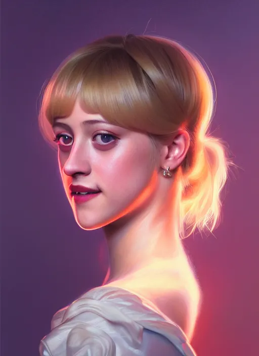 Image similar to portrait of lili reinhart, smiling kindly, bangs, 1 9 6 0 s, ponytail, bangs and ponytail, intricate, elegant, glowing lights, highly detailed, digital painting, artstation, concept art, smooth, sharp focus, illustration, art by wlop, mars ravelo and greg rutkowski