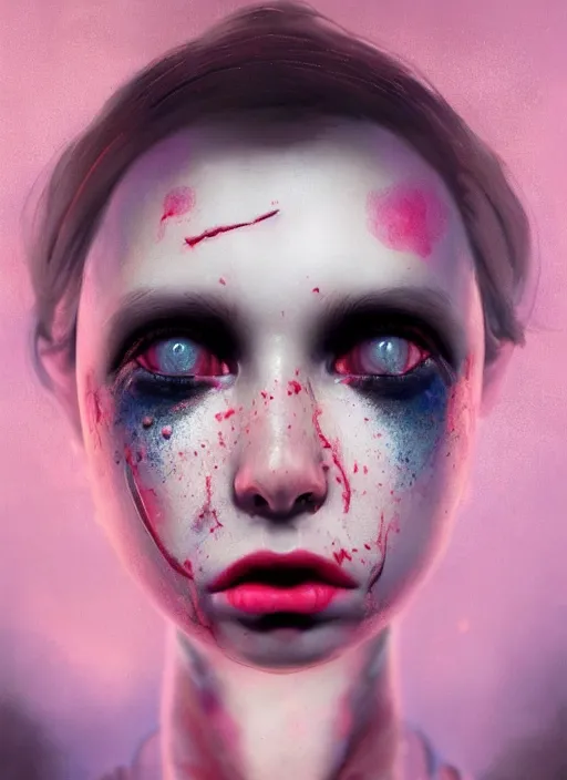 Image similar to portrait of sinister girl with pouty aerochrome lips, fungal, unforgivable, cute bandaid on nose!!, expressive eyes, full body, deathly skin, greg rutkowski, charlie bowater, yuumei, stephen gammell, unreal 5, daz, hyperrealistic, octane render, rpg portrait, dynamic lighting, fantasy art, beautiful face