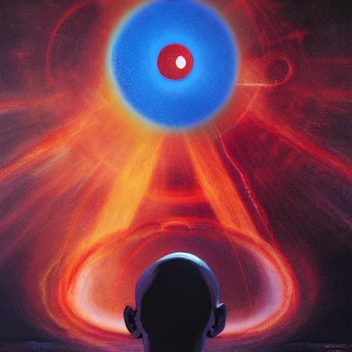 Prompt: shaman chakra telekinesis red artificer Dr. Manhattan wearing crimson sweatshirt brandishes a blue fire orb levitating meditation norman ackroyd jim lambie greg rutkowski rothko tombow