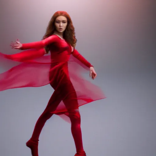 Prompt: the scarlet witch levitating, red light, human version, hyper realistic