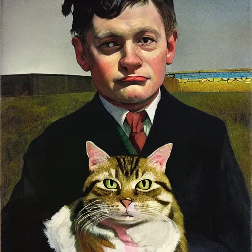 Image similar to Portrait of Man disguised as Tabby Cat wearing a pink tuxedo Standing atop a Garbage Truck Newell Convers Wyeth Andrew Wyeth Jamie Wyeth