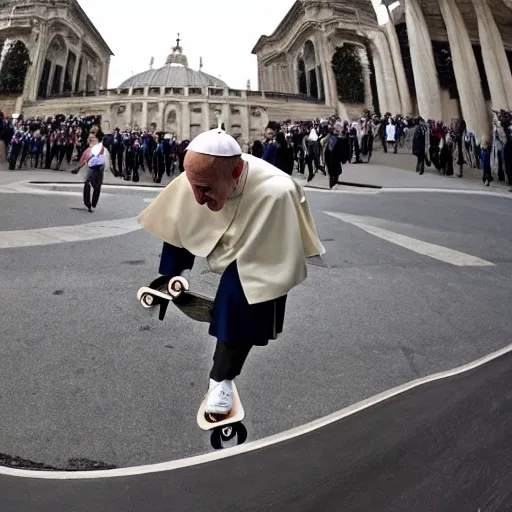 Image similar to fisheye lens image of the pope riding a skateboard