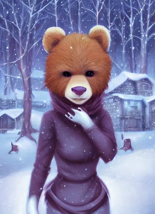 Prompt: award winning beautiful portrait commission art of a female furry anthro polr bear fursona with a cute beautiful attractive detailed furry face wearing cute stylish winter clothes at a comfy winter cabin at dusk by firelight. Character design by charlie bowater, ross tran, artgerm, and makoto shinkai, detailed, inked, western comic book art