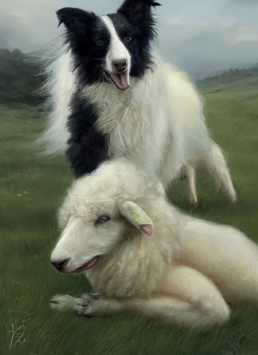 Image similar to wide shot painting of a border collie kissing a sheep in a pasture, beautiful, intricate, elegant, realistic proportions, highly detailed, scenic background, trending on artstation, art by charlie bowater and henry asencio and and ross tran