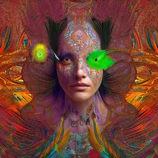Image similar to A reality bending psychedelic ayahuasca experience, colorful, distorted, surreal, tropical bird feathers, dramatic lighting on the face, intricate lace, elegant fabric, highly detailed, digital painting, concept art, smooth, sharp focus, illustration, art by Krenz Cushart and Wayne Barlowe and alphonse mucha